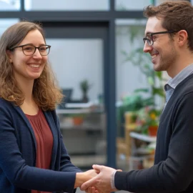 a woman and man smiling and warmly shaking hands illustrates Robert Cialdini's unity principle