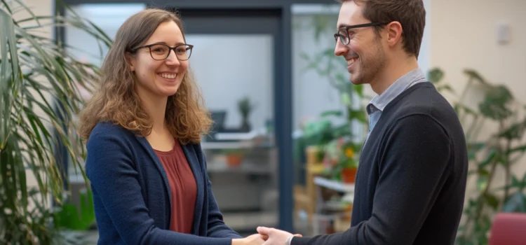 a woman and man smiling and warmly shaking hands illustrates Robert Cialdini's unity principle