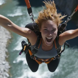 A woman bungee jumping into a river, highlighting trying new experiences