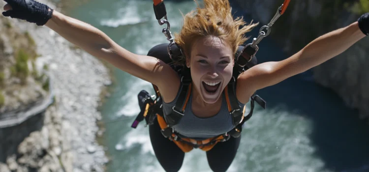 A woman bungee jumping into a river, highlighting trying new experiences