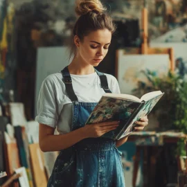 A young woman wearing overalls in an art studio reading a book