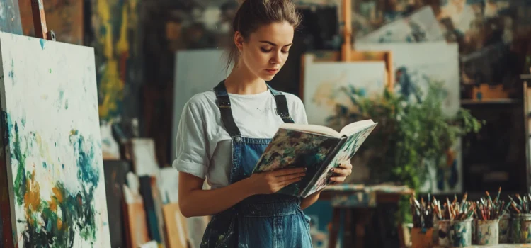 A young woman wearing overalls in an art studio reading a book