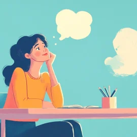 A cartoon image of a woman daydreaming at a desk, clouds are above her head