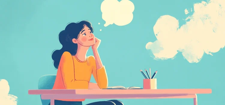 A cartoon image of a woman daydreaming at a desk, clouds are above her head