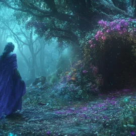 A woman in fantasy clothes in an enchanted forest expressing her childlike imagination