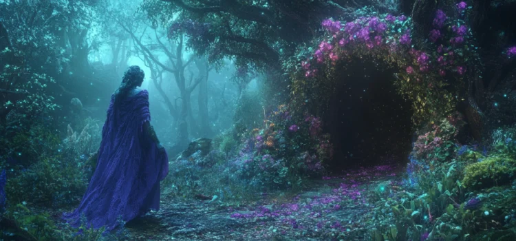 A woman in fantasy clothes in an enchanted forest expressing her childlike imagination