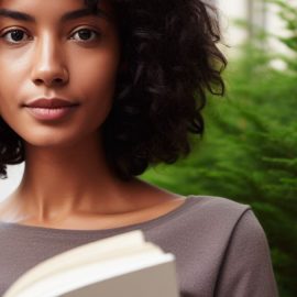 a woman with dark wavy hair holding a book while standing in front of evergreen trees