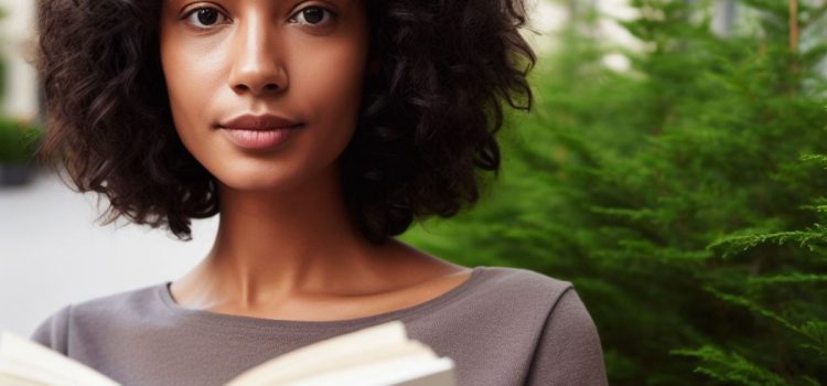 a woman with dark wavy hair holding a book while standing in front of evergreen trees