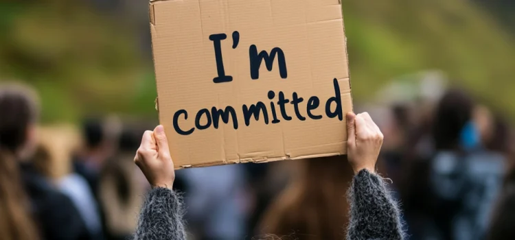 a woman holding up a sign that says "I'm committed" illustrates how to influence change that lasts