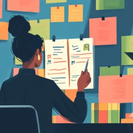 an entrepreneur looking at a list of tasks to do, a calendar, and many sticky notes illustrates dealing with low-value tasks