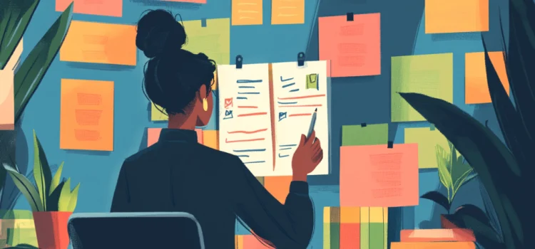 an entrepreneur looking at a list of tasks to do, a calendar, and many sticky notes illustrates dealing with low-value tasks