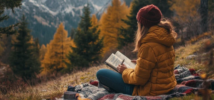 A woman in solitude sitting on a blanket in a forest creative writing in a journal