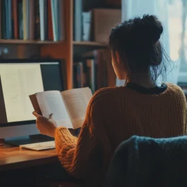 A woman reading a book while sitting at a desk with a computer on it