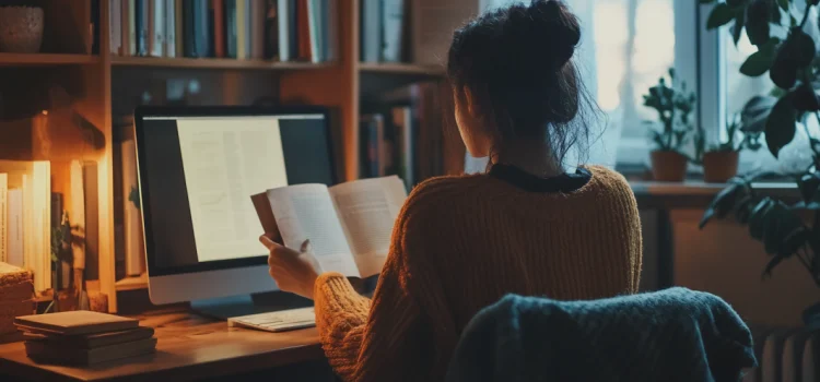 A woman reading a book while sitting at a desk with a computer on it