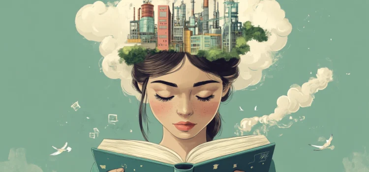 a cartoon of a woman reading a book while a factory is working in her brain illustrates how beliefs are formed