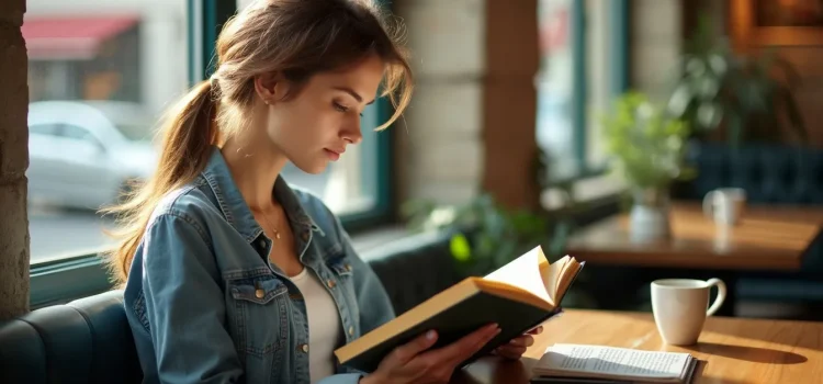 a woman reading a book by a window in a cafe with a cup of coffee and a spiral notebook and pen on the table