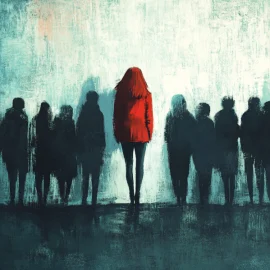 A woman in red separated from a group of silhouettes to demonstrate unconventional thinking