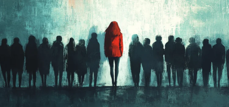 A woman in red separated from a group of silhouettes to demonstrate unconventional thinking