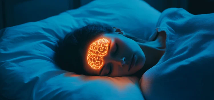 A woman sleeping, her brain is glowing in her head because she's learning to control her mind