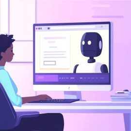 a cartoon drawing of a woman in an office using a chatbot on a desktop computer illustrates the question What is narrow AI?