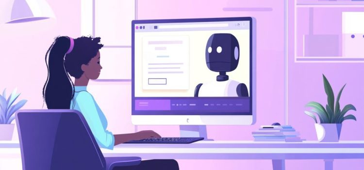 a cartoon drawing of a woman in an office using a chatbot on a desktop computer illustrates the question What is narrow AI?