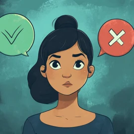 a woman with two thought bubbles above, one with a green checkmark and one with a red X, illustrates right and wrong thinking