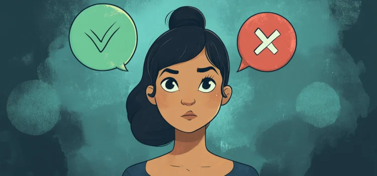 a woman with two thought bubbles above, one with a green checkmark and one with a red X, illustrates right and wrong thinking