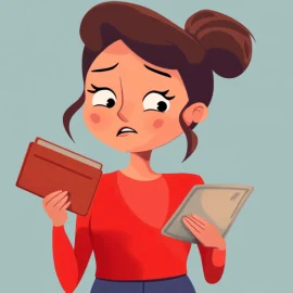 A cartoon of a woman with stagnant wages and an empty wallet holding a bill and looking stressed