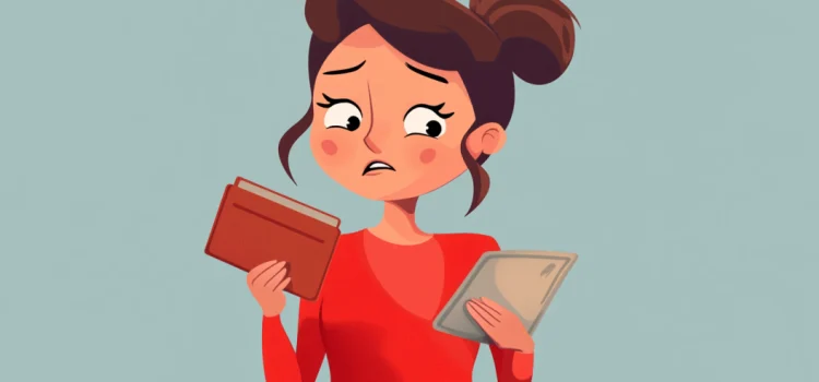 A cartoon of a woman with stagnant wages and an empty wallet holding a bill and looking stressed