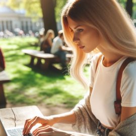 a young woman working on a laptop at a picnic table in a park illustrates a person finding her writing niche