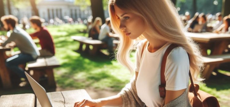 a young woman working on a laptop at a picnic table in a park illustrates a person finding her writing niche