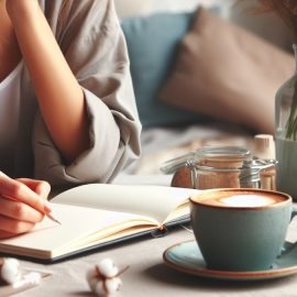 a woman writing with a pencil in a notebook with a latte on her desk illustrates how to write article sections