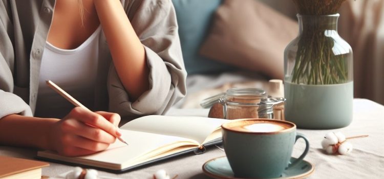 a woman writing with a pencil in a notebook with a latte on her desk illustrates how to write article sections