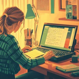 a female writer working on her computer in a home office illustrates starting an online writing business