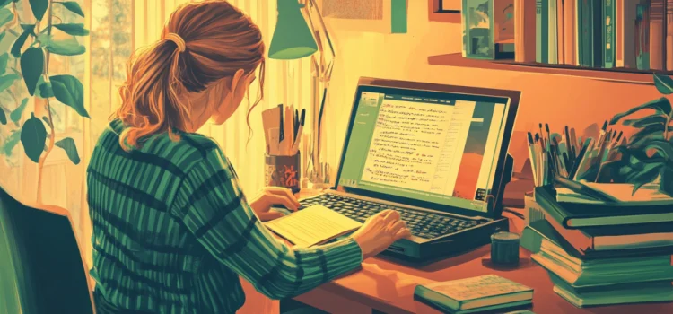 a female writer working on her computer in a home office illustrates starting an online writing business