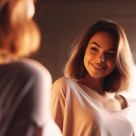 a smiling young woman looking at herself in the mirror illustrates the way you see yourself