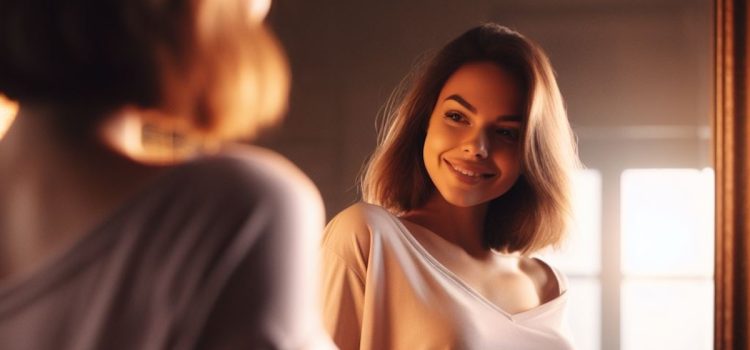 a smiling young woman looking at herself in the mirror illustrates the way you see yourself