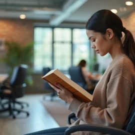 A woman with black hair in a ponytail reading a book in an open workspace with a coworker in the background