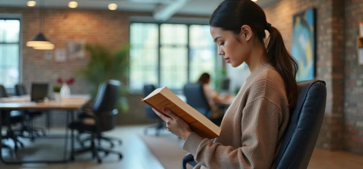 A woman with black hair in a ponytail reading a book in an open workspace with a coworker in the background