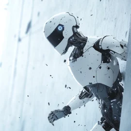 A sophisticated AI robot breaking through a wall raises the question, "Can AI be controlled?"