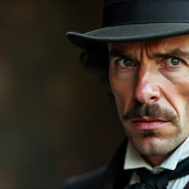 Sherlock Holmes's deduction skills are at work while he looks thoughtfully while wearing a Victorian-era suit and hat