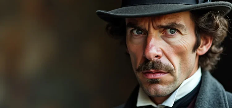 Sherlock Holmes's deduction skills are at work while he looks thoughtfully while wearing a Victorian-era suit and hat