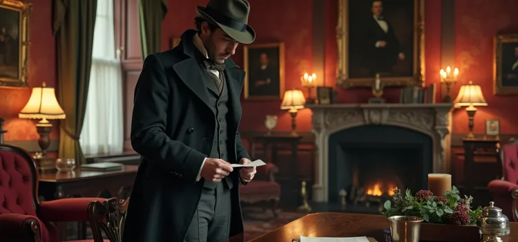 Sherlock Holmes's observation skills on display as he investigates a letter in a Victorian-era drawing room