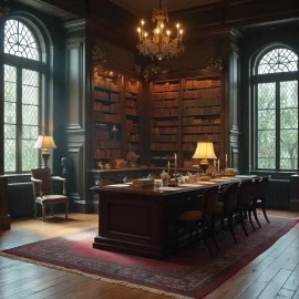 A Victorian-era library with tall bookshelves, leaded windows, and a chandelier illustrates Sherlock Holmes's brain attic