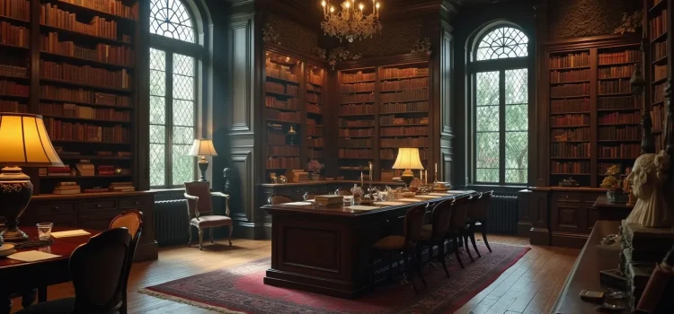 A Victorian-era library with tall bookshelves, leaded windows, and a chandelier illustrates Sherlock Holmes's brain attic