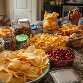 A kitchen counter spread of ultra-processed foods like chips and chocolate, that can lead to obesity