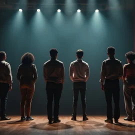 Six silhouetted actors from the back standing on a theatre stage illustrate racism in the arts