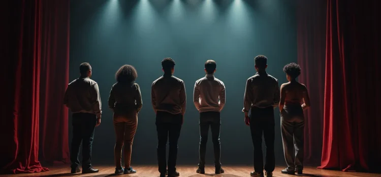 Six silhouetted actors from the back standing on a theatre stage illustrate racism in the arts