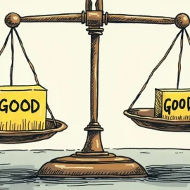 A scale with a large box of GOOD on one side and a small box of GOOD on the other side illustrates doing the most good