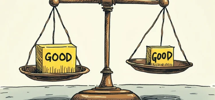 A scale with a large box of GOOD on one side and a small box of GOOD on the other side illustrates doing the most good